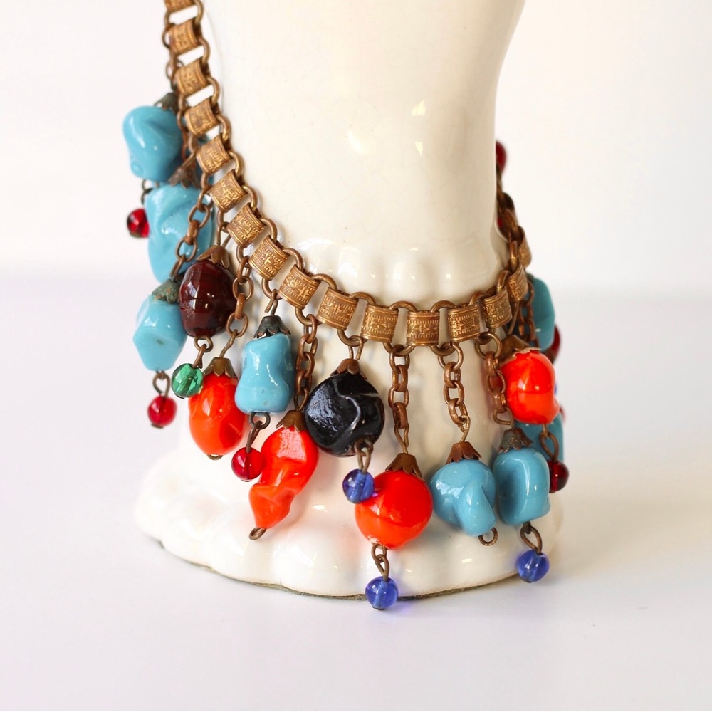 1930s Miriam Haskell Gripoix Glass Book Chain Bracelet Unsigned